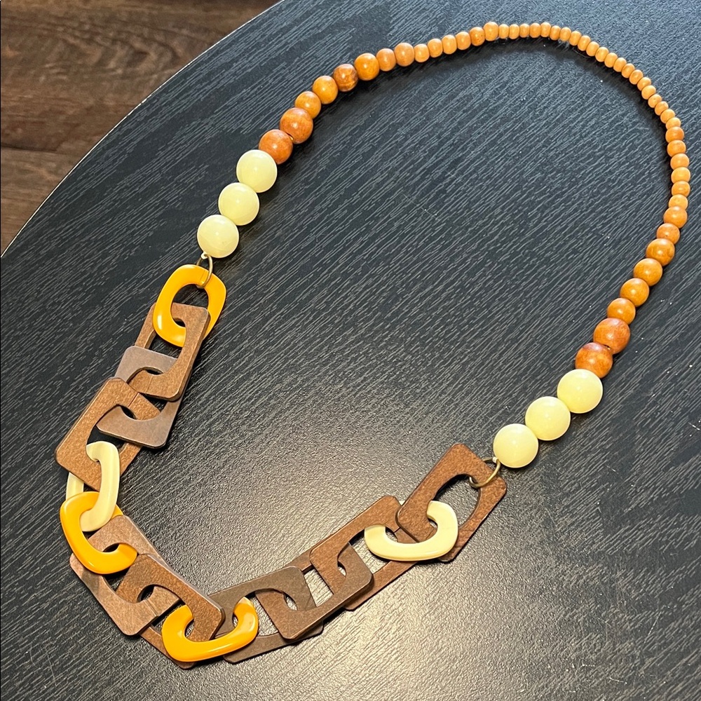 Vintage MCM Boho Brown Mustard Cream Chunky Link Wood Beaded Necklace
